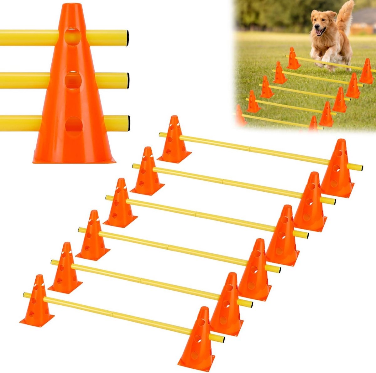 Sports horde set met 12 kegels en 6 stokken voor coördinatietraining, 23 cm hoog, 100 cm lang, ideaal voor agility en snelheidstraining