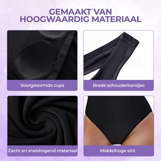 Maillot de bain noir avec bonnets préformés, larges bretelles, matière douce et à séchage rapide, coupe moyenne.