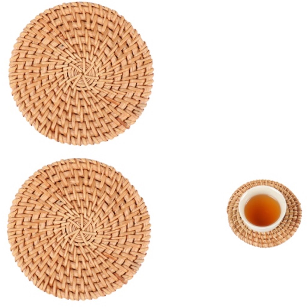 2 stuks - Hittebestendige rotan onderzetter - Hittebestendige thee - Keukenonderzetter - Natuurlijke geweven onderzetter - Ronde rotan onderzetter - 9*9 cm - Bruin - Geschikt voor salontafels, terrastafels en als onderzetter voor warme dranken