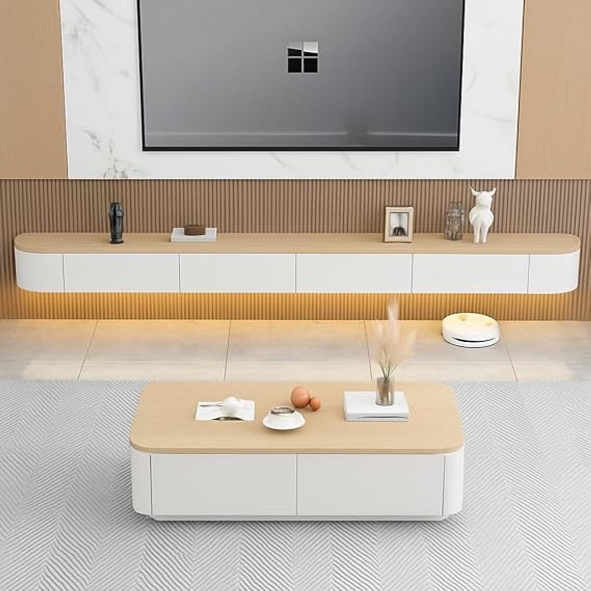 NordicLine Luxe Zwevend TV-Meubel 240 cm met LED Verlichting, Wandmontage, Opbergruimte & Kabelmanagement – Modern Wit/Hout Design voor Woonkamer & Slaapkamer