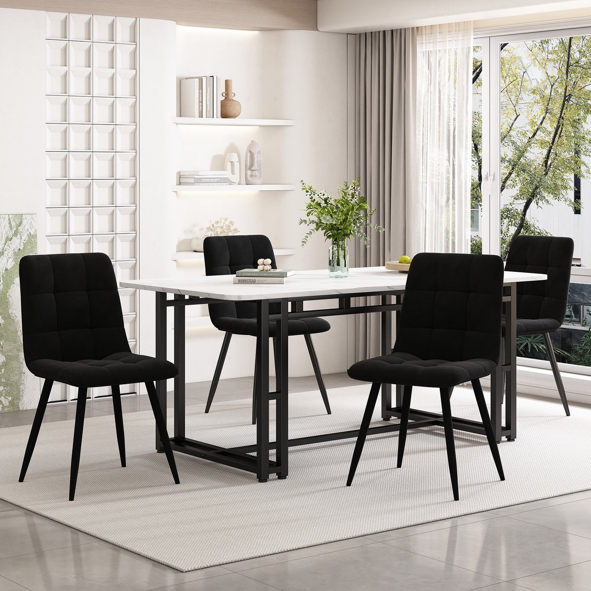 MODENUIT Eethoek 140 cm - Tafel Met 4 Fluwelen Stoelen En Metalen Poten - Voor Eetkamer - MDF En Fluweel Zwart