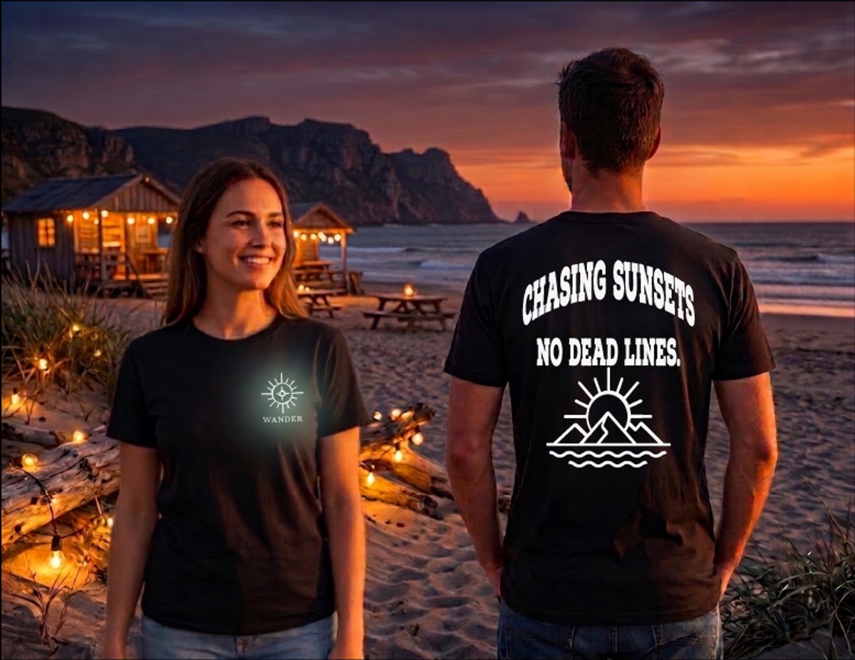 Eizook Chasing Sunsets – Wander T-shirt Heren & Dames – Glow in the Dark – – Specialties By Eizook Zwart