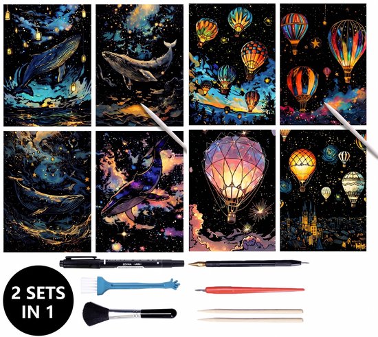 Voordeelbundel Glow in the Dark 8x A4 | 2 Sets in 1 | Magic Kras Tekeningen Kraskaarten Krasfolie Kraskaart | Scratch Art Kinderen en Volwassenen | Knutselen Tekenen | Painting Schilderen op Nummer Diamond Painting | Knutselpakket Tekenpakket