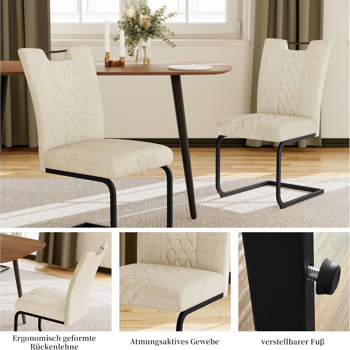 Cantilever Eetkamerstoelen Set van 4 Beige – Moderne Schommelstoelen met Stoffen Bekleding, Gewatteerde Rugleuning & Metalen Frame 45,5D x 47,5W x 94,5H cm