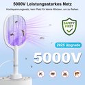 Elektrische vliegenmepper met 5000V, "SAFETY FIRST" logo, en iconen van insecten.