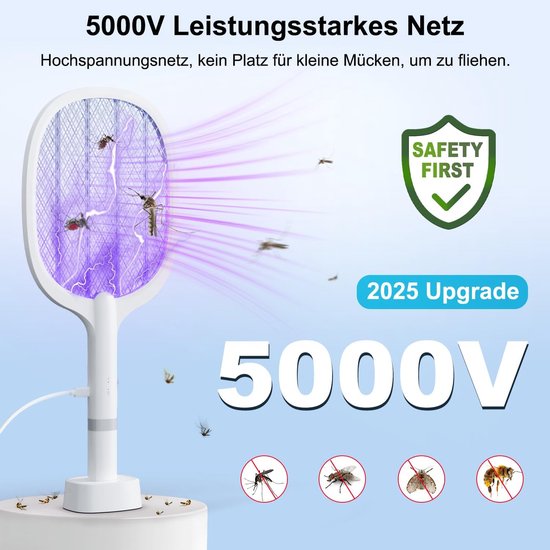 Elektrische vliegenmepper met 5000V, "SAFETY FIRST" logo, en iconen van insecten.