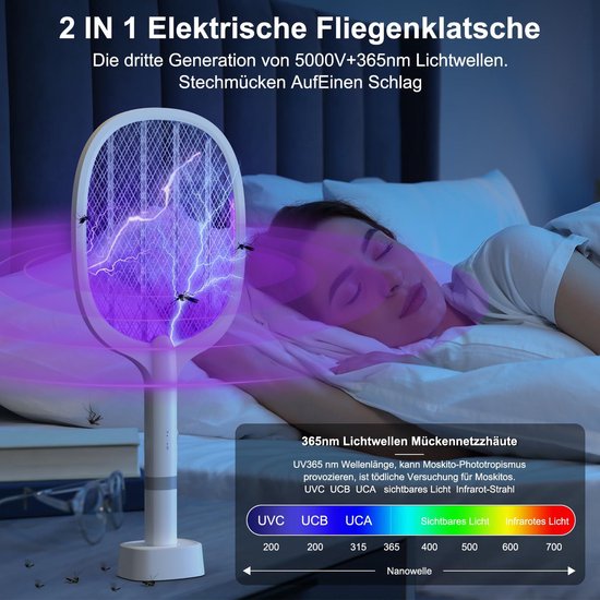 Vliegenmepper wordt gebruikt door een vrouw, met 5000V en UV-licht.