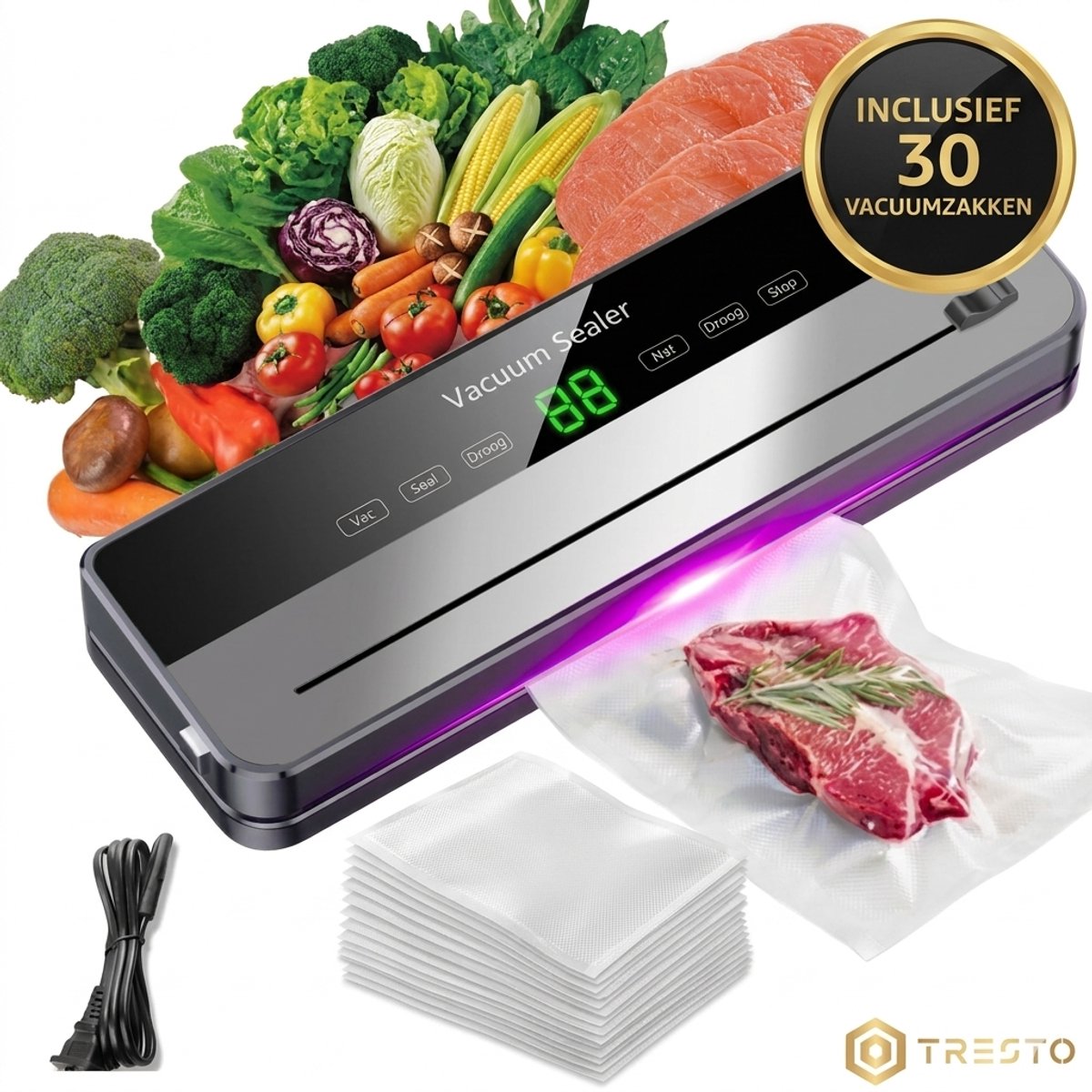 TRESTO - Vacumeermachine - Vacuüm Sealer - Foodsaver - Vacuümmachine met Slangaansluiting - Inclusief Vacuumzakken
