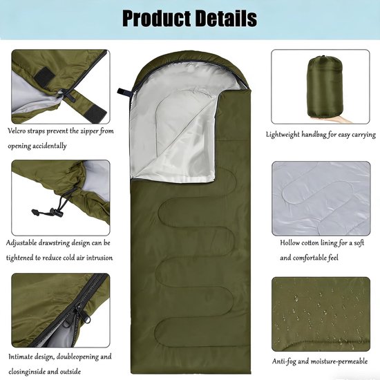 Slaapzak Kamperen - Outdoor Slaapzak - Alle Seizoenen - Waterdicht Ademend - 210 x 75 cm - Legergroen van Merkloos — afbeelding 4