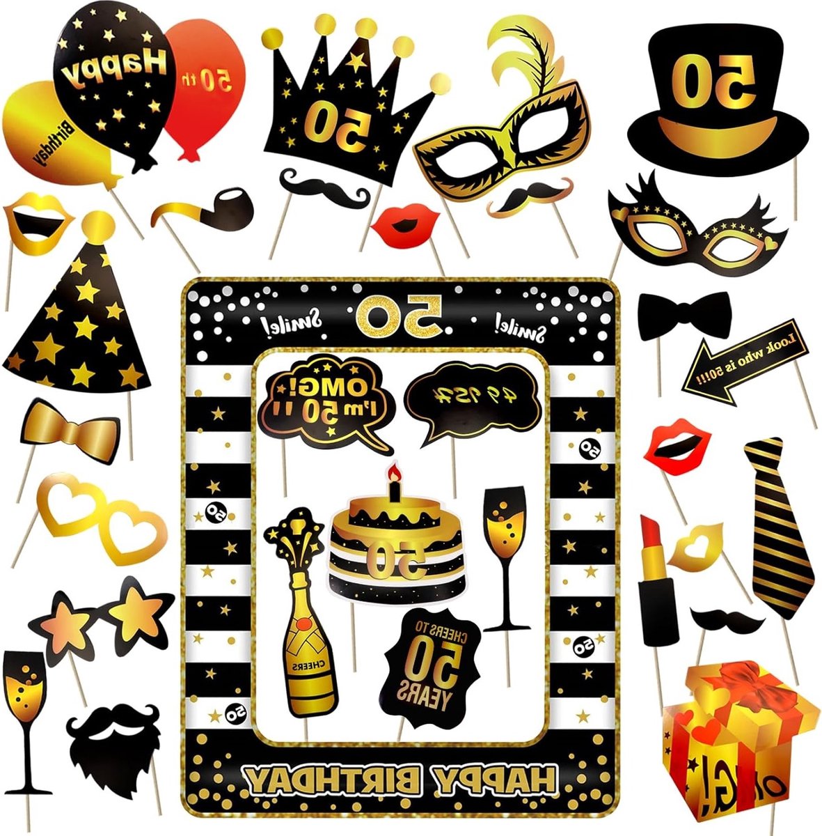 31 Pcs Fotografie Props voor 50e Verjaardag met Opblaasbare Fotolijst, Zwart en Goud, Grappige Accessoires voor Feestdecoratie en Fotomomenten