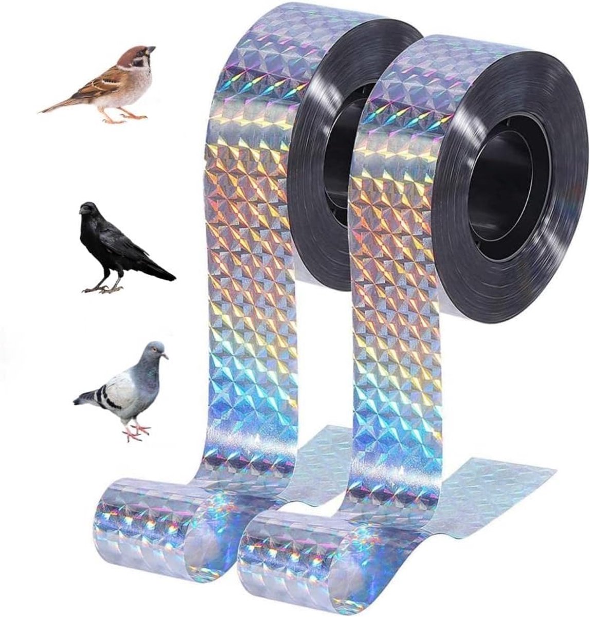 Vogelwerende tape, 2 rollen van 2,4 cm * 80 m, vogelafschrikstrip, anti-duivenstrip, holografische kleefstrip, voor tuinen en boomgaarden (1, zilver)