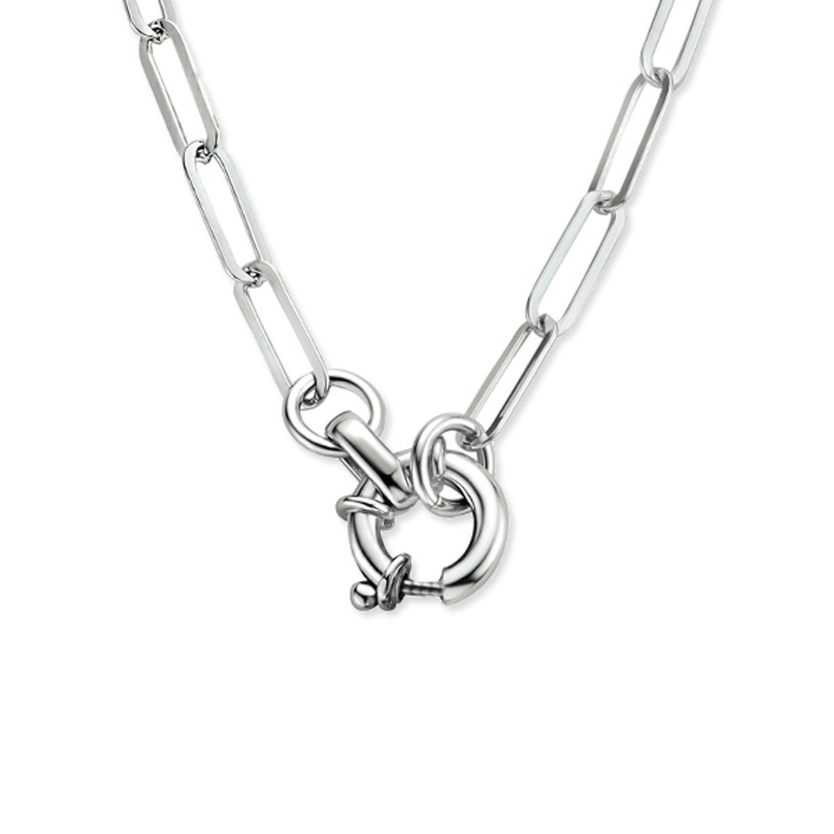 collier paperclip platte buis 3,8 mm 42 cm met groot veerslot zilver gerhodineerd