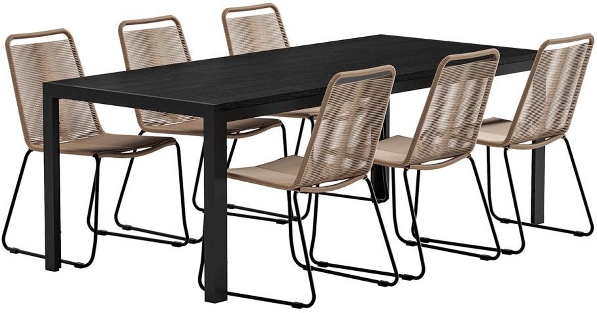 Svea - Clara rechthoekige tuintafel - zwart + 6x Thelma tuinstoelen - bruin