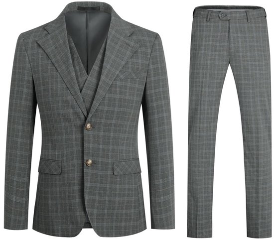 Grijs geruit driedelig pak, bestaande uit een colbert en broek.