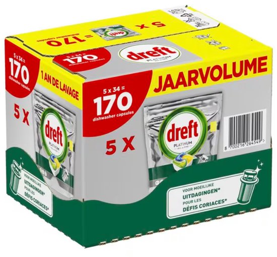 Dreft Platinum 170 stuks Vaatwastabletten Citroen - Anti-Dofheidstechnologie - 5 x34 stuks