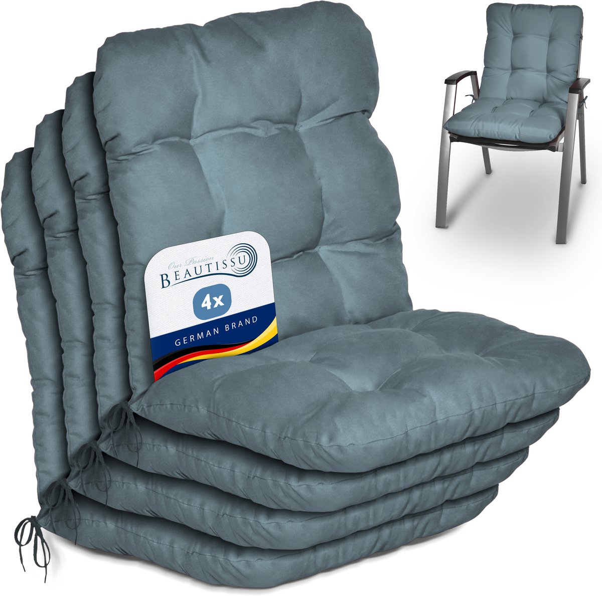 Beautissu Flair NL Stoelkussen Set 4x Lage Rugleuning 100x50x8 cm Duifblauw – Tuinstoelkussen