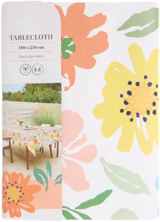 Nappe – 140x250 cm | Blanche à Grandes Fleurs | Nappe lavable Easy Wipe – Décoration de table d'été – Hydrofuge