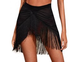 Franjerok - Dames mini franjerok - Korte sexy strandrok - Hoge taille - Minirok - Strandzwemrok - Zomerse mesh wikkelrok - Wikkelrokbroek - Onregelmatige doorschijnende midi-rok - Maat S