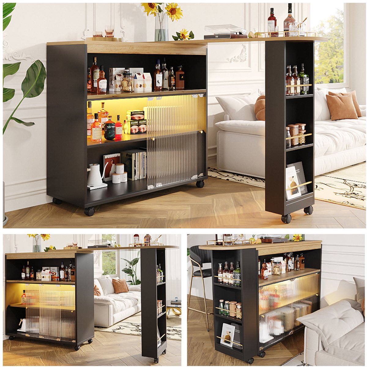 FloraGrace Bartafel - Uitschuifbaar Met Led En Opbergruimte - Verrijdbaar Voor Keuken En Woonkamer - MDF - 138-204x39x105 Cm - Zwart
