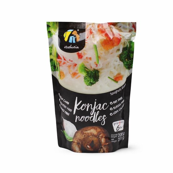 Emballage de nouilles konjac Hethstia (spaghetti) avec image de légumes et informations nutritionnelles.