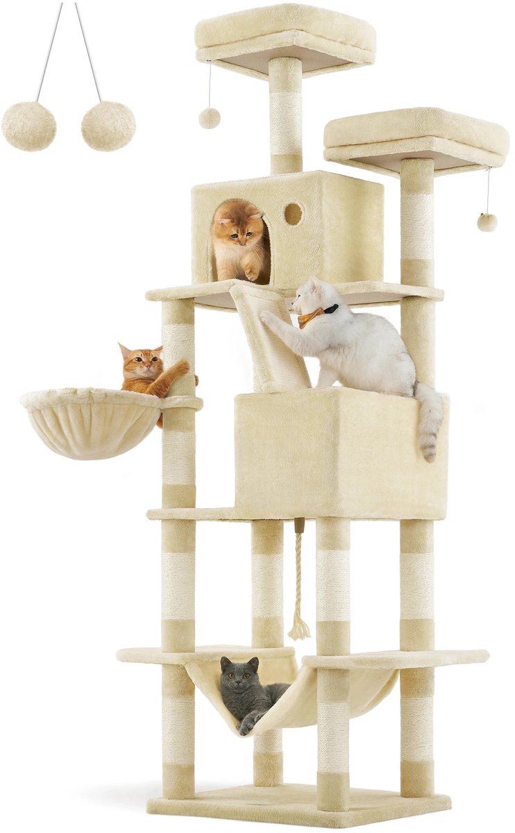 Sello! XXL Krabpaal – krabmeubel – katten – spelen – klimmen – slapen – mandjes – huisjes – speelgoed – 206 cm hoog – beige