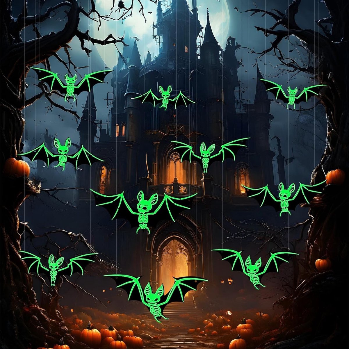 10 Stuks Halloween Vleermuis Decoratie met Vislijn en Plaklabels voor Buiten, Feest en Raamdecoratie