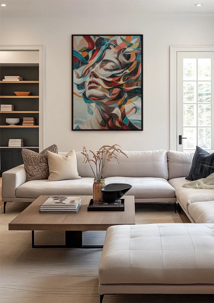 Yourwallarts.com - Wandpaneel - Canvas - Abstract Vrouwenportret Met Kleurrijke Stromen Expressionist