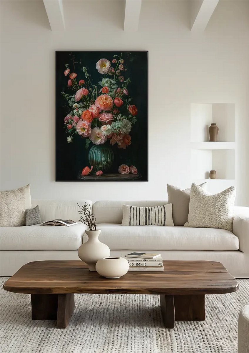 Yourwallarts.com - Wandpaneel - Canvas - Klassiek Bloemstilleven Roze Rozen Donkere Achtergrond Schil