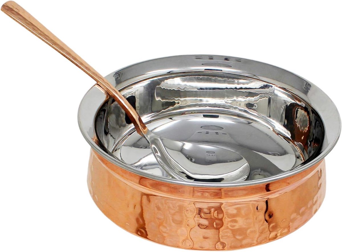 Serveren Kom - Met Lepel - Warme Maaltijden - Gehamerd Design - 1 Liter - Koper