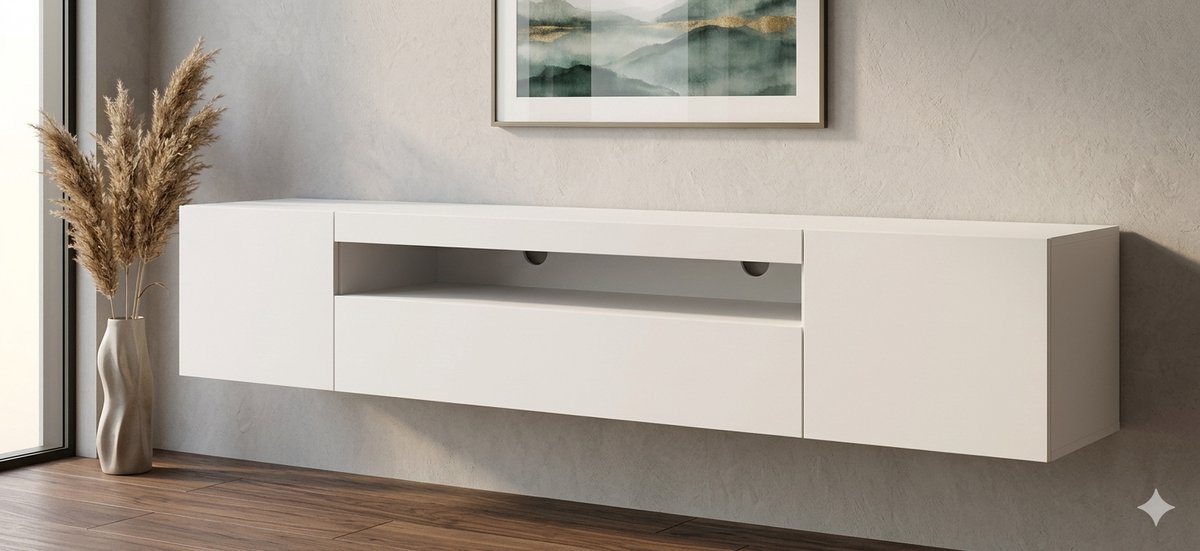 TV Meubel 200x37x42 cm – Modern Lowboard Hangend of Staand met 3 Opbergvakken en Open Vak, Artisan Eiken/Wit Mat Design, Kabelmanagement, Geschikt voor 55-75 Inch TV – Urbanhome