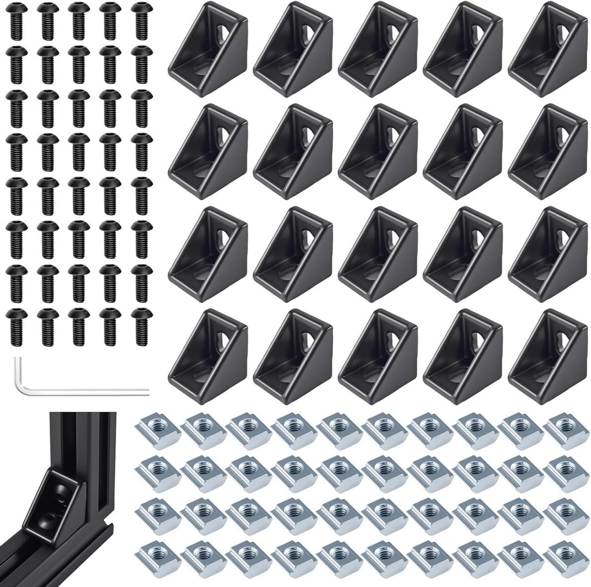 Montagemateriaal Hoek - Aluminium Profiel Connector - Frames Bouwen - Matzwarte Coating - 20 Stuks - Zwart
