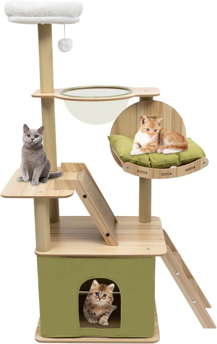 Krabpaal - Kattenmeubel Toren - Spelen Klimmen Rusten - Meerdere Niveaus - 140 cm Hoog - Houtkleur