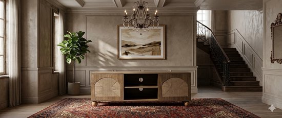 Donkerbruin houten tv-meubel met rieten deuren en open vakken, staand op ronde pootjes.