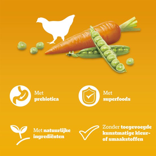 Witte kip, wortel en peulen. Met prebiotica, superfoods en natuurlijke ingrediënten. Zonder kunstmatige kleur- of smaakstoffen.