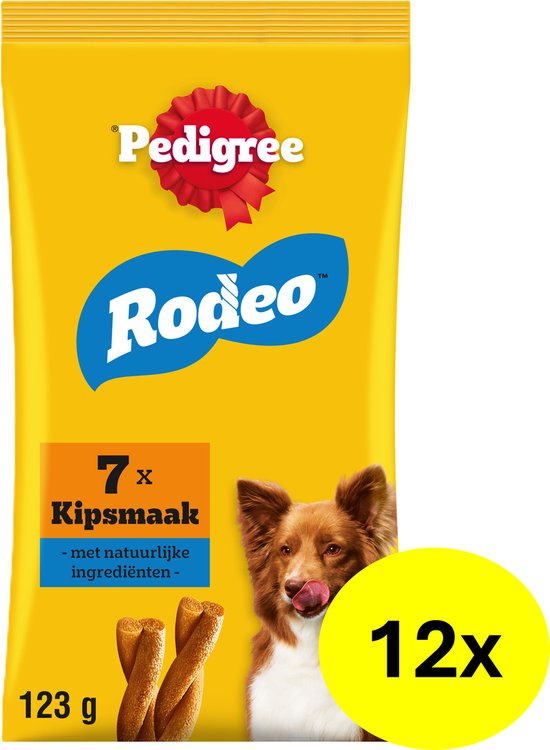 Emballage jaune Pedigree Rodeo avec 12x7 friandises saveur poulet. Avec chien, biscuits torsadés et indicateur 12x.