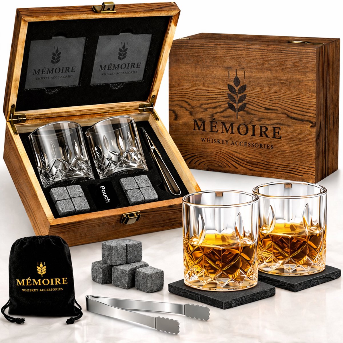 Mémoire Luxe Whiskey Set – 2x Whisky Glazen 250ml, 8 Whiskey Stones, IJstang, Granieten Onderzetters & Houten Geschenkdoos – Whisky Cadeauset – Herbruikbare IJsblokjes