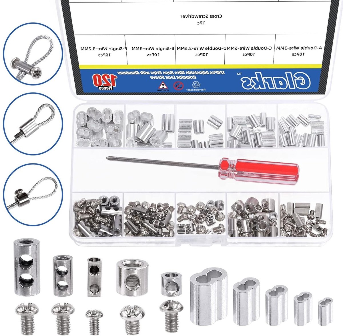 121-delige RVS Kabelklemmen en Aluminium Crimp Plus Sleeve Assortiment Kit voor Kabelbeheer, Inclusief Enkele en Dubbele Gat Klemmen met Eindschroefstopper en Kabelsleeve