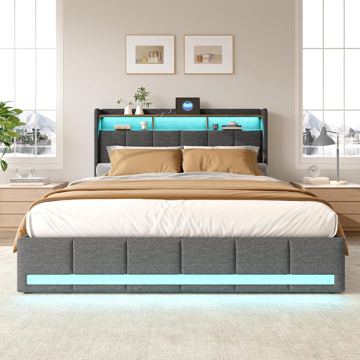 Tweepersoonsbed - Linnen Bed - Opbergen & Laden - Met LED & USB - 140x200 cm - Grijs