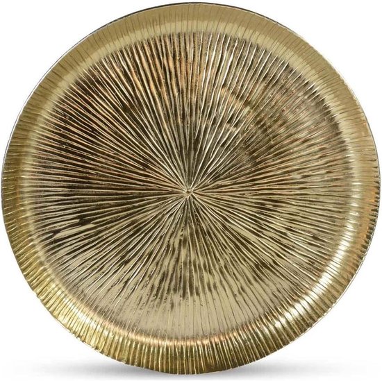 Gouden dienblad met een stralend geribbeld patroon.