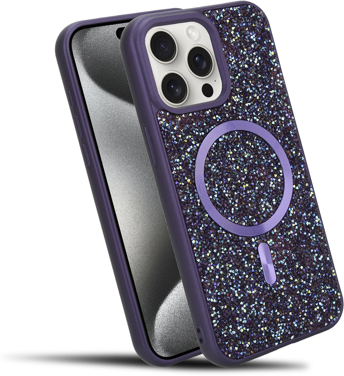 Hoesje geschikt voor iPhone 15 PRO in Paars Diamant Glitter Stijl