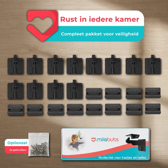 Een compleet pakket kindersloten voor kastjes en lades, met optionele schroeven en een doos met productillustratie.
