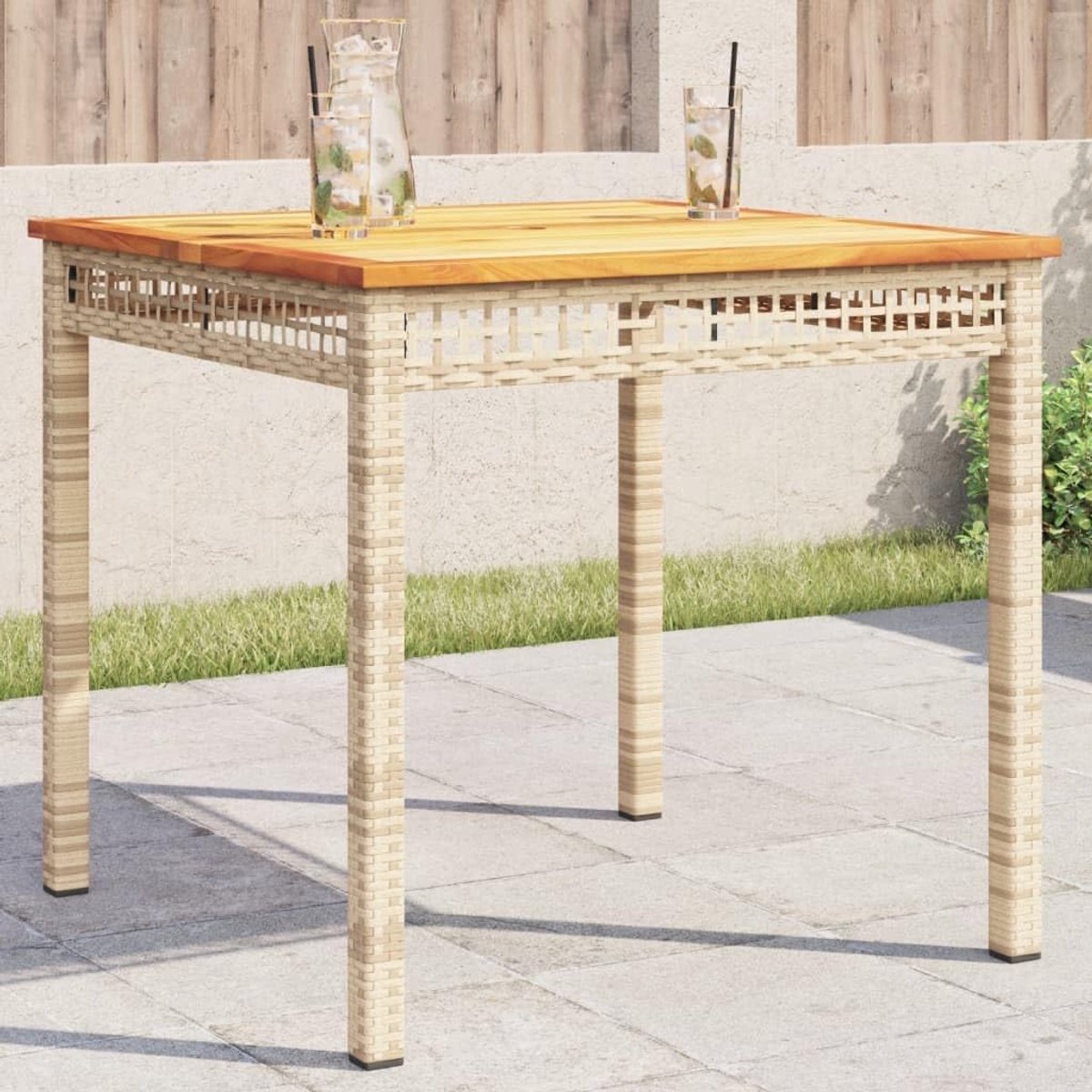 Tuintafel voor Buiten 75x80x75 cm – Robuuste Acaciahouten Tafel met Beige Polyrotan en Stalen Frame – Terrastafel voor Tuin, Balkon en Patio – Laura