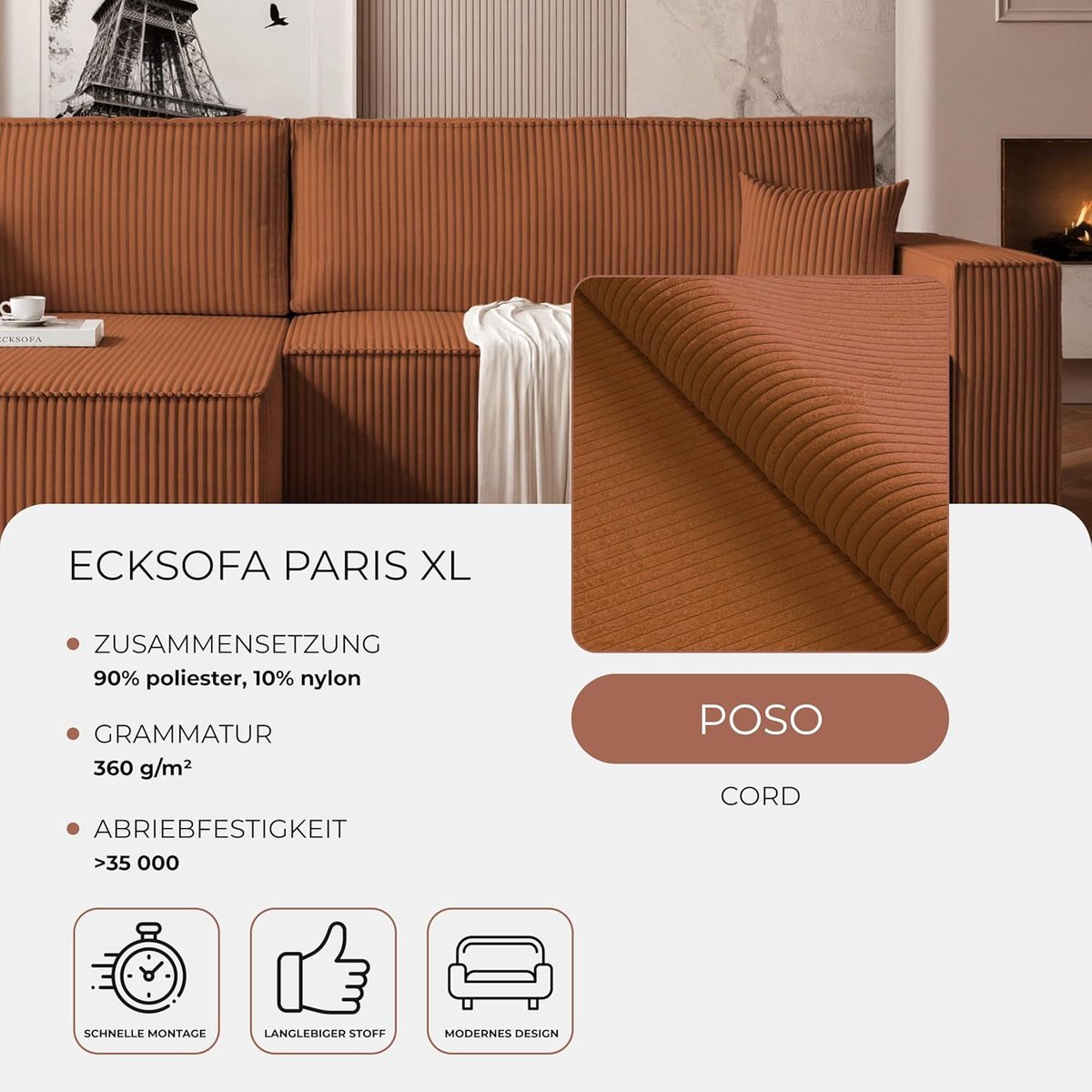 Slaapbank met Opbergruimte en Uitschuifbed 276x145x79 cm – L-Vormige 3-Zits Hoekbank van Corduroy met Flexibele Ottomaan, Houten Frame en Bedfunctie 232x125 cm – Beige – Laura