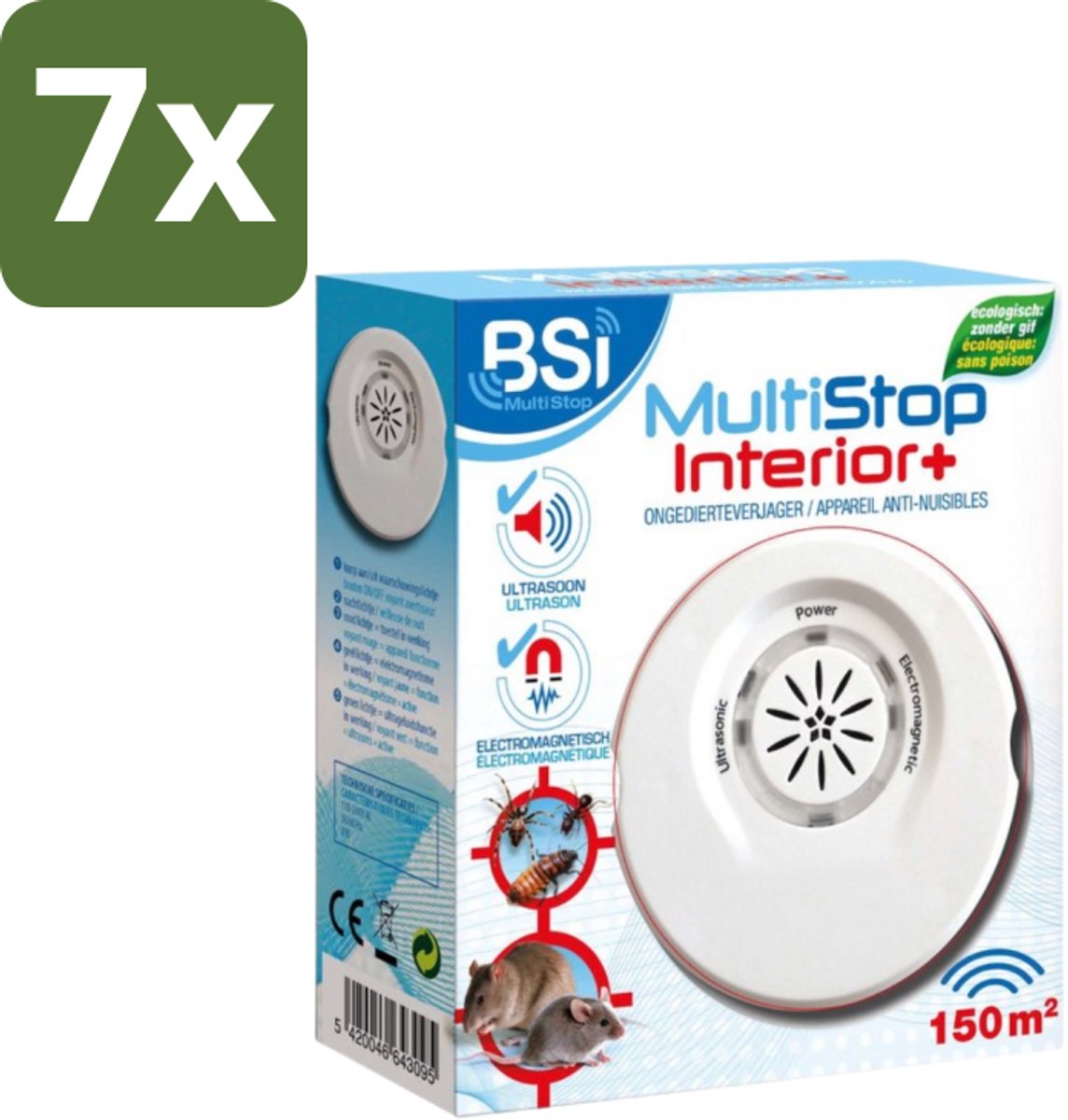 BSI – Multistop Interior Plus – Ultrasone Ongedierteverjager – Bereik tot 150 m² - Bulkverpakking - 7 stuks