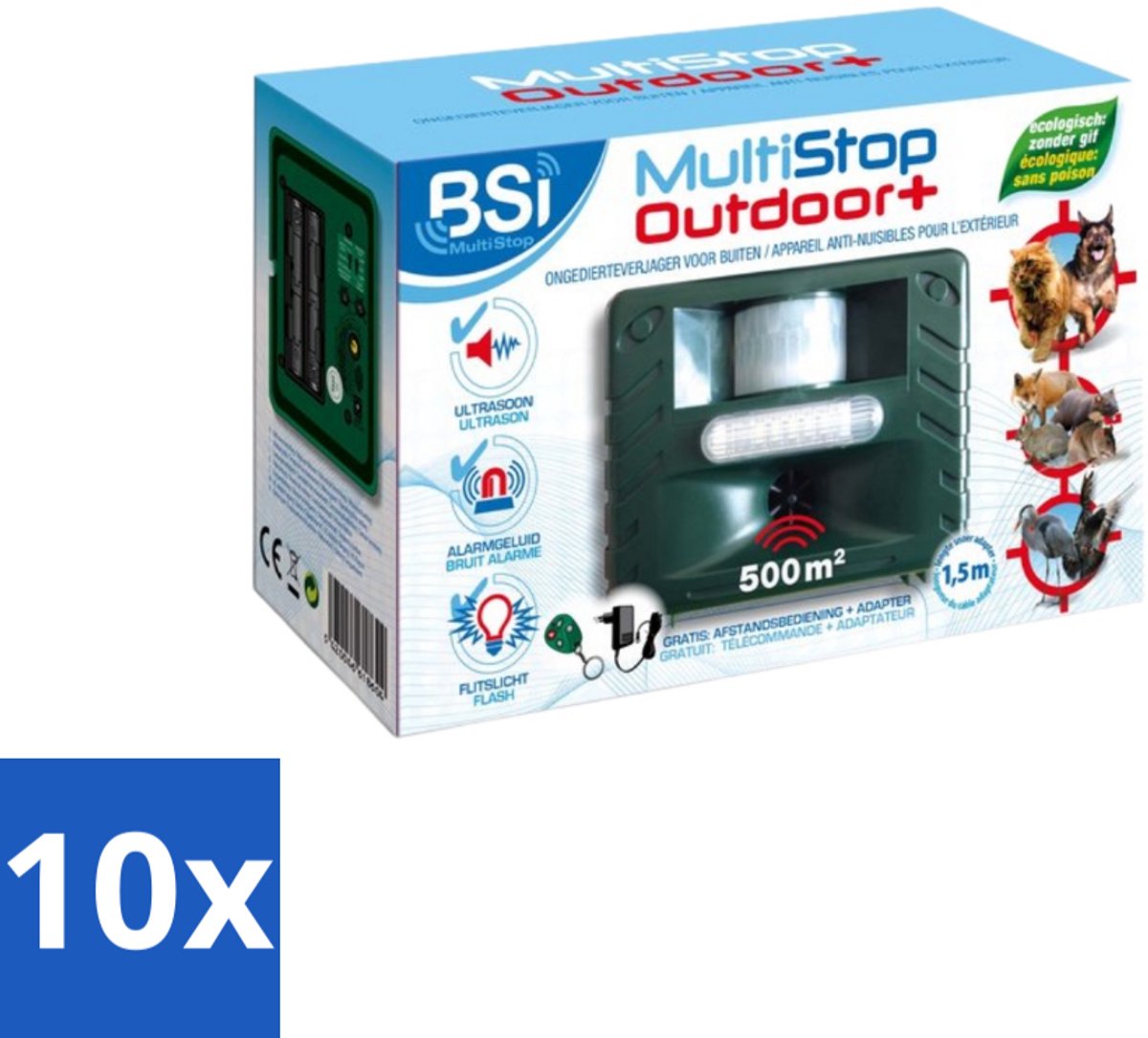 BSI – Multistop Outdoor Plus – Dierenverjager Ultrasoon met Flitslicht & Alarm – Bereik tot 500 m² - Bulkverpakking - 10 stuks