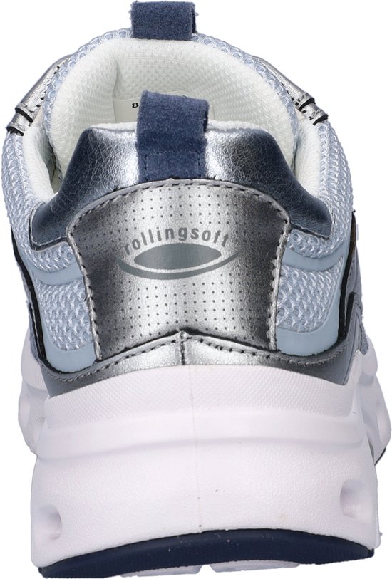 Achterkant van een lichtblauwe Gabor Rollingsoft sneaker met zilveren en donkerblauwe accenten en de tekst 'rollingsoft'.