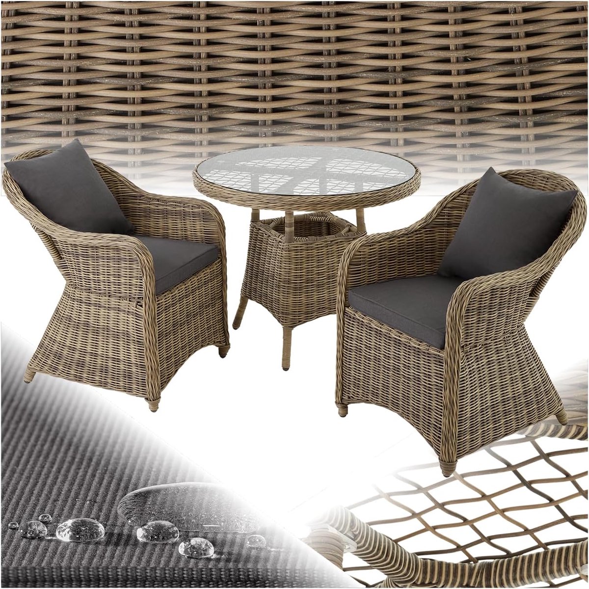 Tuinset 2 Personen 91x73,5 cm – Aluminium Polyrotan Balkonset met Tafel & 2 Stoelen incl. Kussens – Lichtgewicht Weerbestendige Tuinmeubelen – naturel – Urbanhome