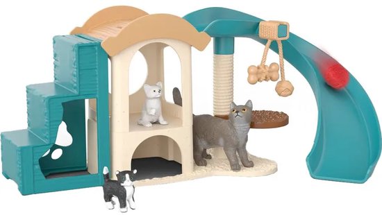 Schleich kattenspeelset met krabpaal, schommel, glijbaan en vier kattenfiguren.