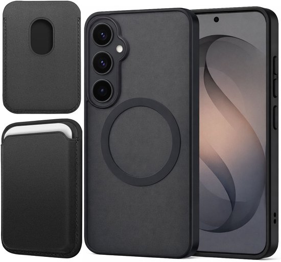 Coque de téléphone noire avec cercle MagSafe, avec un porte-cartes noir séparé à côté.
