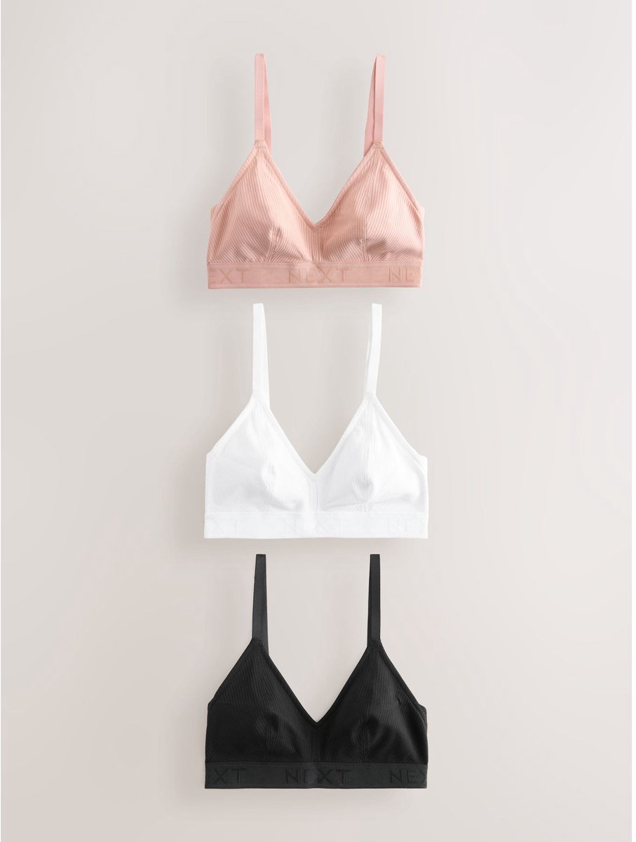 Next Dames - Set van 3 katoengeribbelde DD+ bralettes met logo, zonder vullingen, zonder beugels - Zwart Black/White/Pink